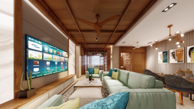 Indian Contemporary Living Space with Wooden Ceiling